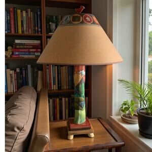 Handmade STICKS Log Table Lamp Whimsical Hand Painted Mountain Sun Cabin Decor